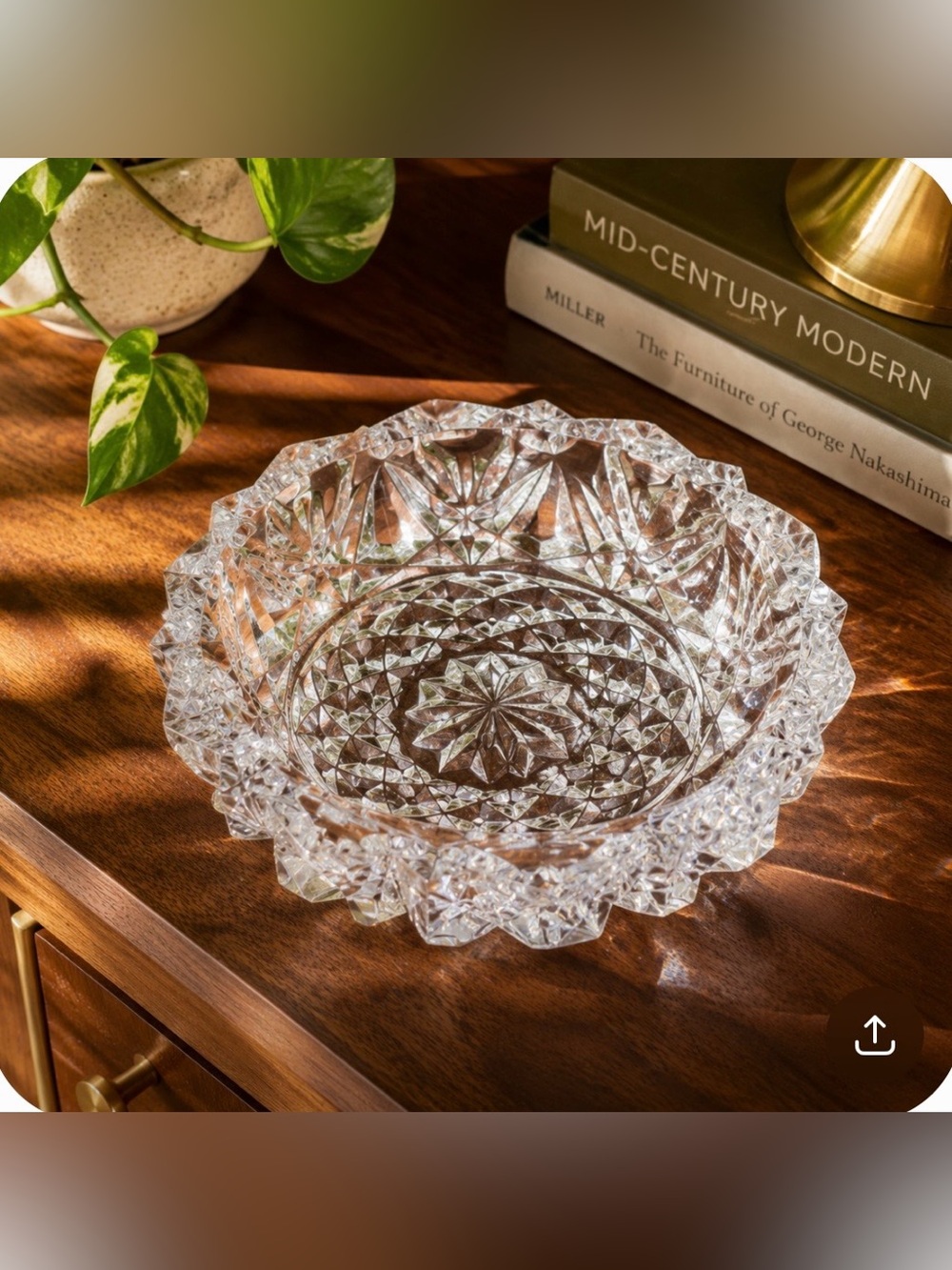 Vintage Heavy Cut Crystal Starburst Ashtray Dish MCM Pressed Glass